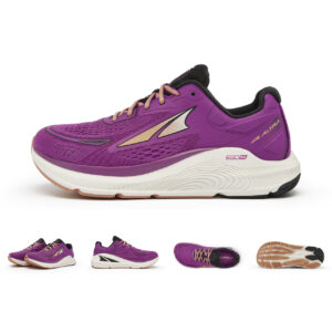 Altra Paradigm 6 running shoes in purple, featuring a side profile, top view, outsole, and multiple angles, designed for maximum cushioning and support. Product photography by Steve Hirsch.