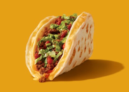 Studio photo of Taco John’s beef quesadilla taco, captured for print material and menu boards by food photographer Steve Hirsch.